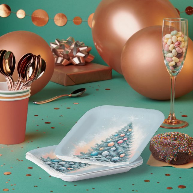 Pine Tree Snowflakes | Blue Orange Coral Ornaments Paper Plate (Multi)