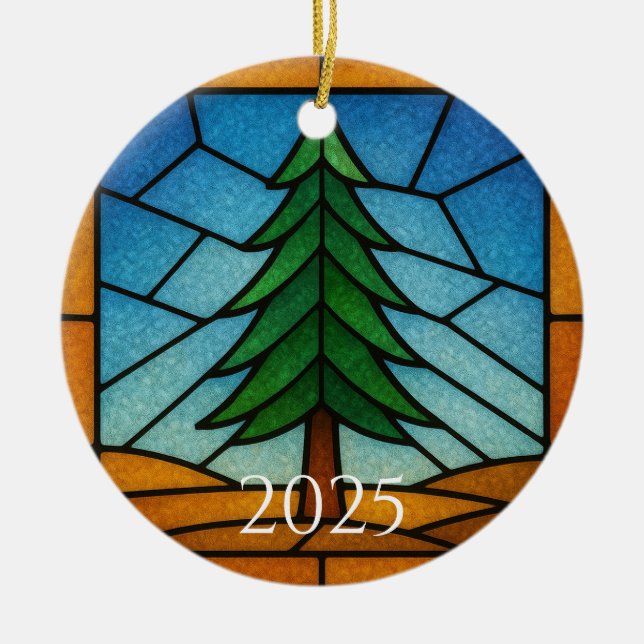 Pine Tree Stained Glass Art Design | Pine Tree Ceramic Ornament (Front)