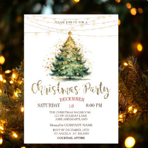 Pine Tree,String Lights Green Christmas Party  Invitation