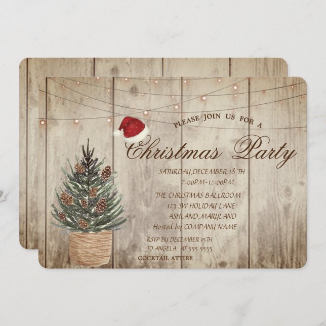 Pine Tree,String Lights,Wood Texture Christmas Invitation (Front/Back)