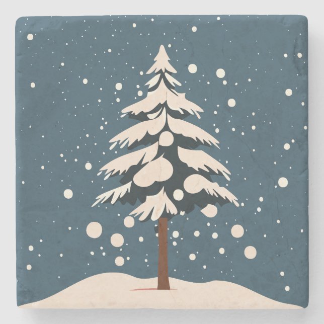 Pine Tree Under Snow Fall Stone Coaster (Front)
