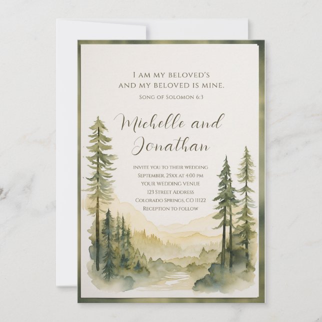 Pine Tree Watercolor Bible Verse Christian Wedding Invitation (Front)