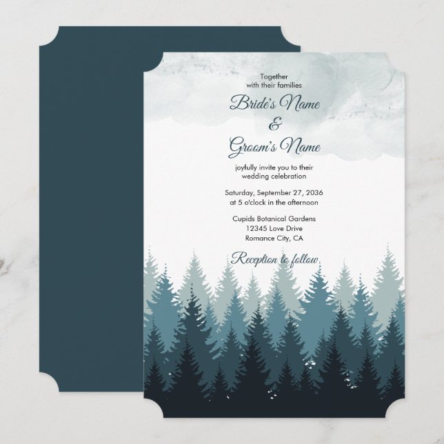 Pine Tree Watercolor Forest Rustic Wedding Invitation (Front/Back)