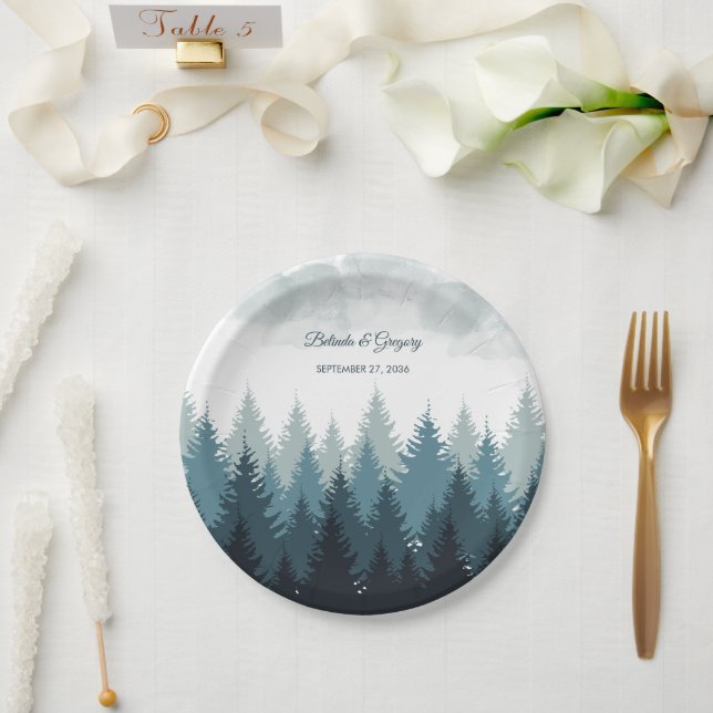 Pine Tree Watercolor Forest Rustic Wedding   Paper Plate (Wedding)