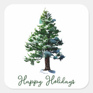 Pine Tree Watercolor Happy Holidays Christmas Square Sticker