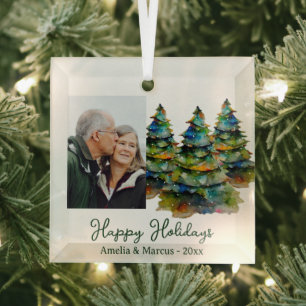 Pine Tree Watercolor Happy Holidays Photo Glass Ornament