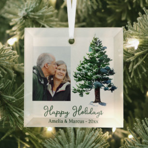 Pine Tree Watercolor Happy Holidays Photo Glass Ornament