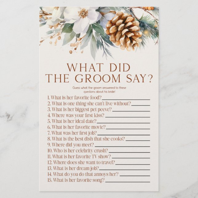 Pine Tree What The Groom Say Bridal Shower Game Stationery (Front)