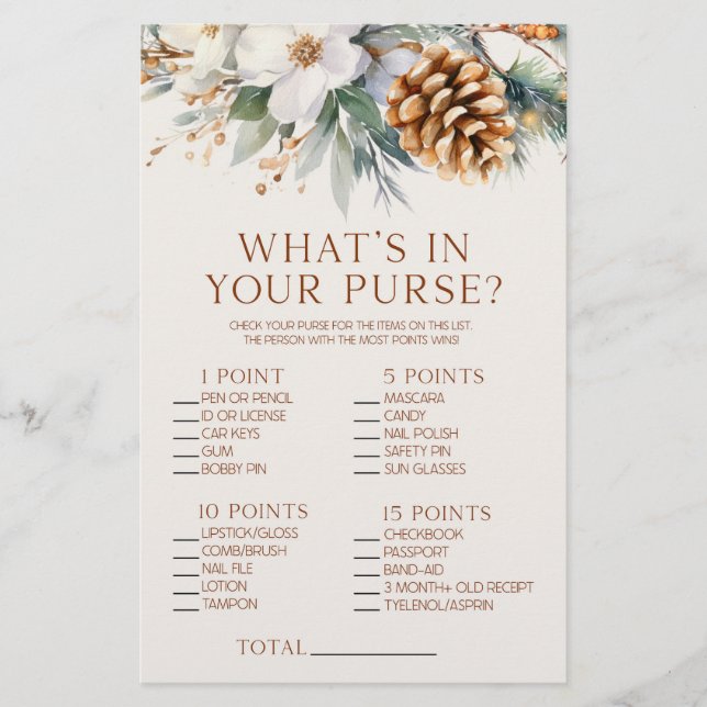 Pine Tree What's In Purse Bridal Shower Game Stationery (Front)