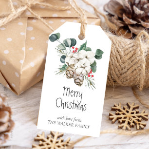 Pine tree with cones, winter berries, cotton buds  gift tags
