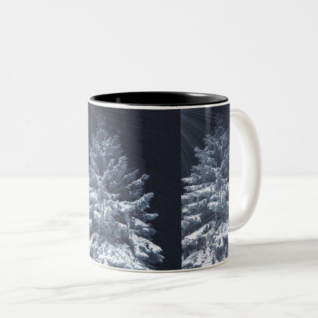 Pine Tree with Snow and Shining LightsMug Two-Tone Coffee Mug (Front Right)