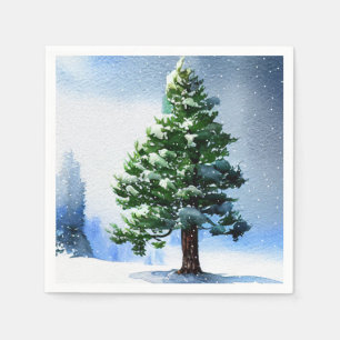 Pine Tree with Snow Watercolor Painting Christmas  Napkin