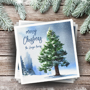 Pine Tree with Snow Watercolor Painting Christmas  Napkin