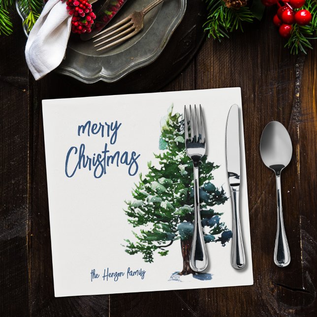 Pine Tree with Snow Watercolor Painting Christmas  Napkin (Creator Uploaded)