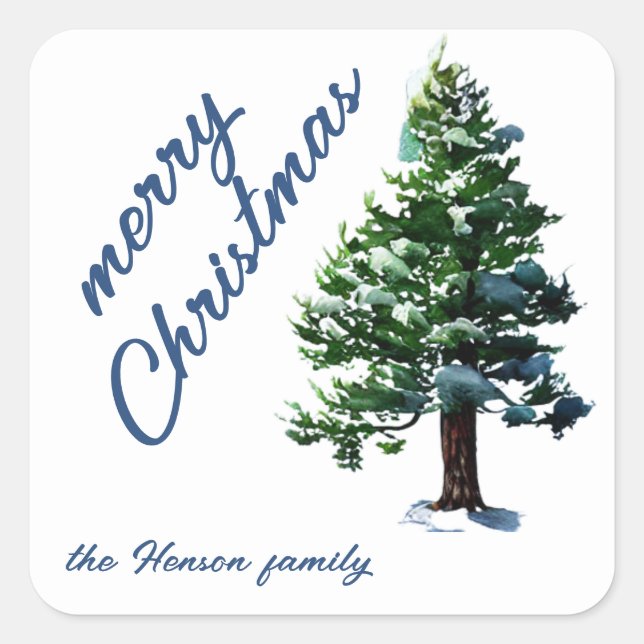 Pine Tree with Snow Watercolor Painting Christmas Square Sticker (Front)