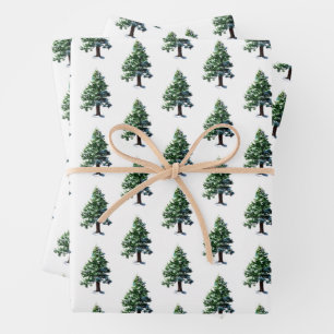 Pine Tree with Snow Watercolor Painting  Wrapping Paper Sheet