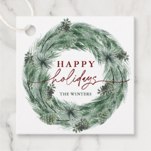 Pine Tree Wreath Happy Holidays Green & Red Favour Tags