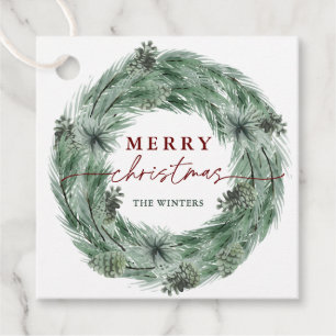 Pine Tree Wreath Merry Christmas Green & Red Favour Tags