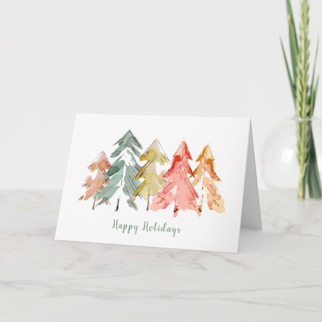 Pine Trees Abstract Soft Watercolor Personalized Holiday Card (Front)