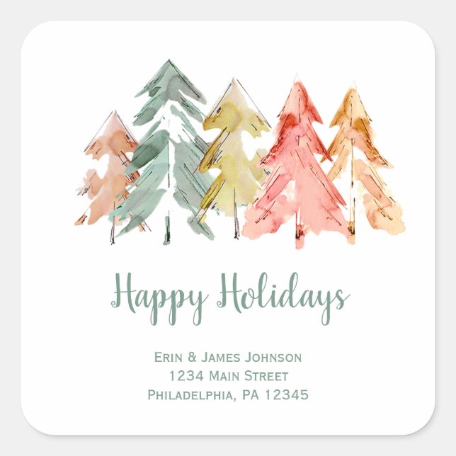 Pine Trees Abstract Watercolor Personalized Square Sticker (Front)