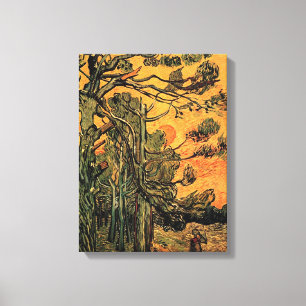 Pine Trees against a Red Sky and Setting Sun Canvas Print