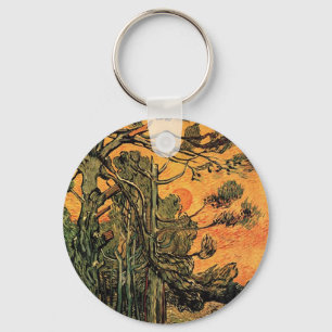 Pine Trees against a Red Sky with Setting Sun. Keychain