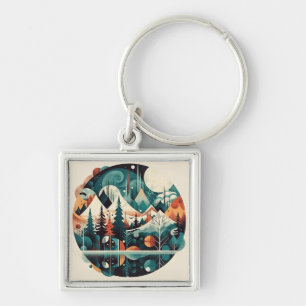 Pine trees and mountains, customizable keychain