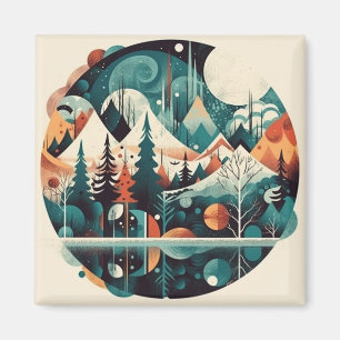 Pine trees and mountains, customizable magnet