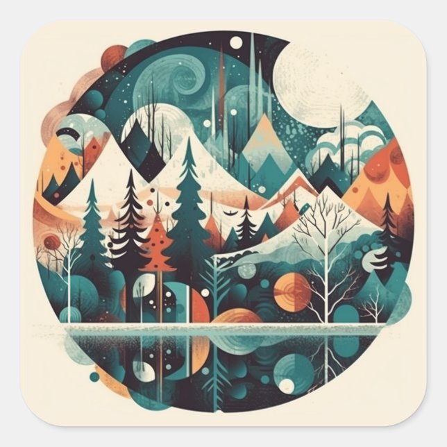 Pine trees and mountains, customizable square sticker (Front)