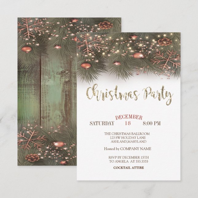 Pine Trees Branches Lights Balls Christmas Party Invitation (Front/Back)
