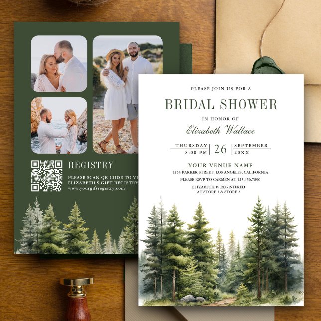 Pine Trees Forest Photo QR Code Bridal Shower Invitation (Creator Uploaded)