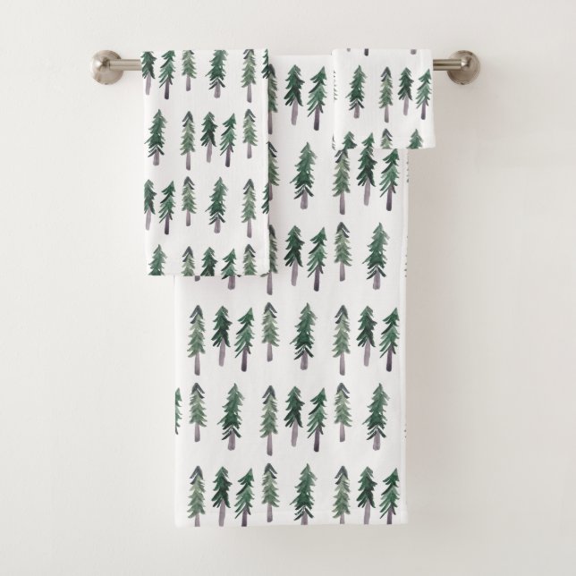 Pine Trees Forest Watercolor Pattern Bath Towel Set (Insitu)