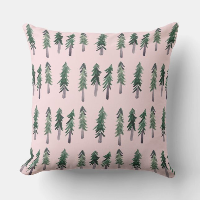 Pine Trees Forest Watercolor Pattern Throw Pillow (Front)