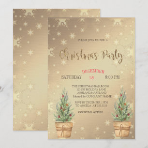 Pine Trees, Gold Christmas Party Invitation