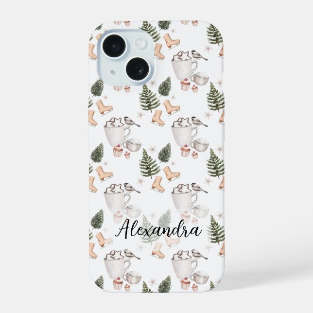 Pine Trees, Hot Chocolate, Ice Skates, Cupcakes iPhone 15 Case (Back)