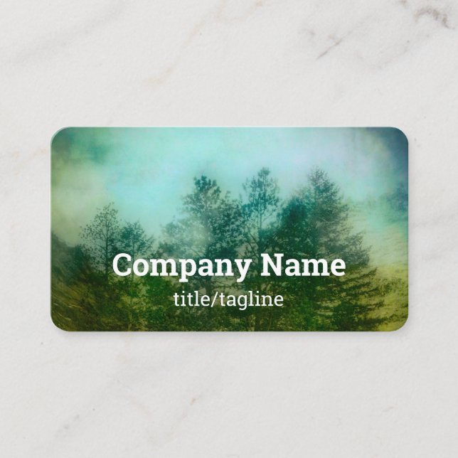 pine trees in fog  misty mountain nature art  business card (Front)