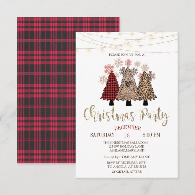 Pine Trees,Lights,Buffalo  Plaid Christmas Party Invitation (Front/Back)