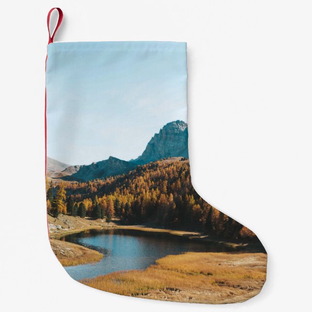 PINE TREES NEAR LAKE SMALL CHRISTMAS STOCKING (Front)