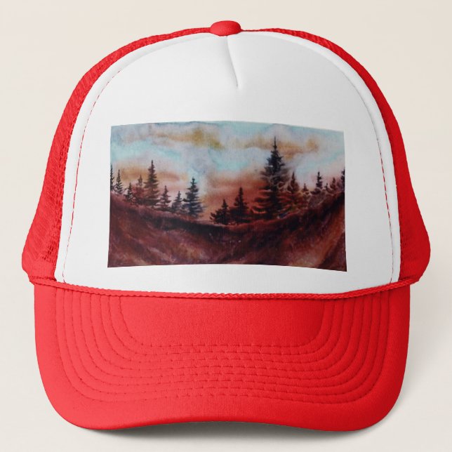 Pine trees on a mountain ridge at sunset trucker hat (Front)
