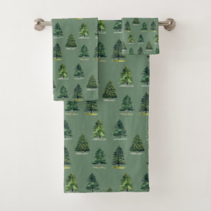 Pine trees pattern Christmas Green Watercolor Bath Towel Set