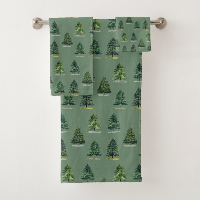Pine trees pattern Christmas Green Watercolor Bath Towel Set (Insitu)