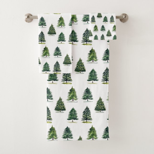 Pine trees pattern Christmas Green Watercolor Bath Towel Set (Insitu)