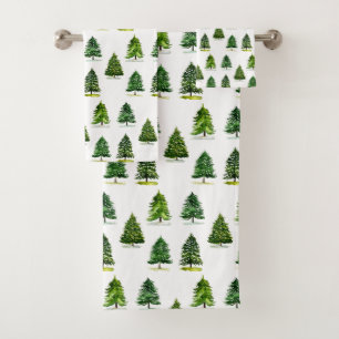 Pine trees pattern Christmas Green Watercolor Bath Towel Set