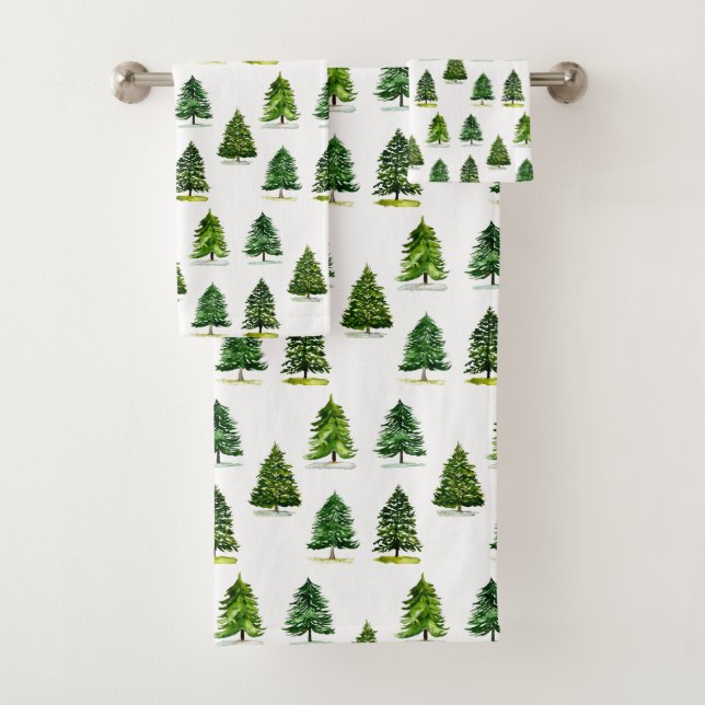 Pine trees pattern Christmas Green Watercolor Bath Towel Set (Insitu)