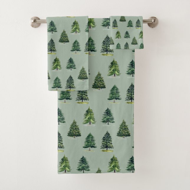 Pine trees pattern Christmas Green Watercolor Bath Towel Set (Insitu)