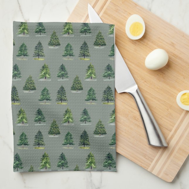 Pine trees pattern Christmas Green Watercolor Kitchen Towel (Quarter Fold)