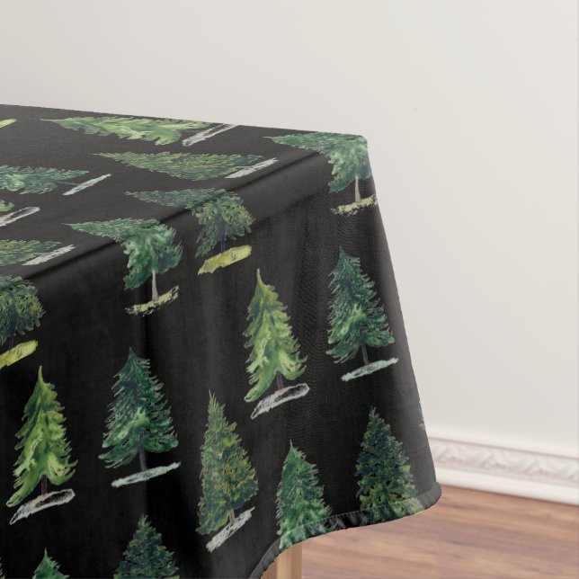 Pine trees pattern Christmas Green Watercolor Tablecloth (In Situ)