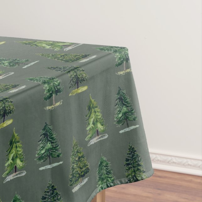 Pine trees pattern Christmas Green Watercolor Tablecloth (In Situ)