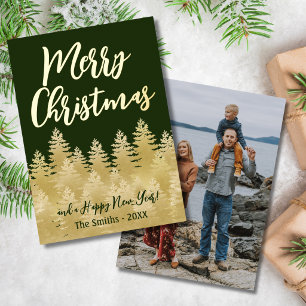Pine Trees   Photo   Custom Merry Christmas Gold Foil Holiday Card