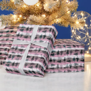 Pine Trees Pink White Grey Stripes Christmas Wrapping Paper
